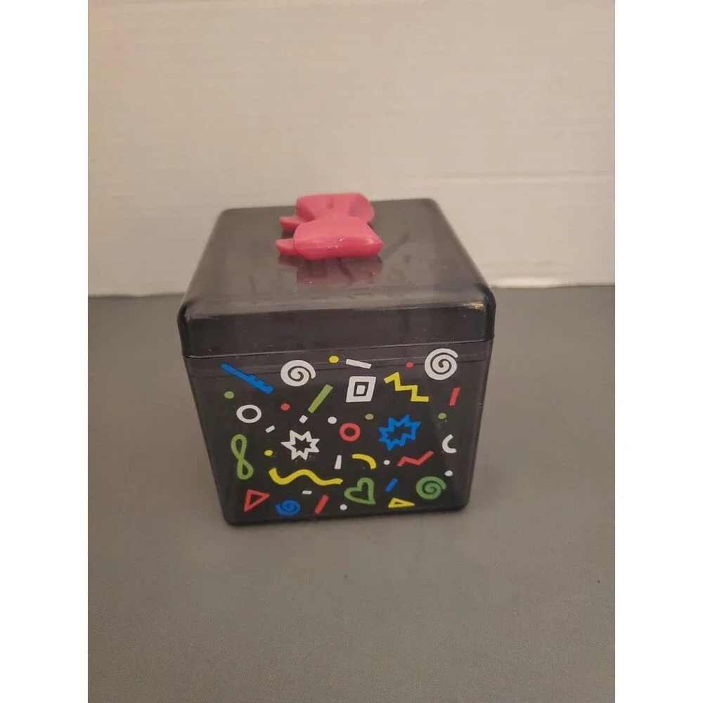 Vintage 90’s Sanrio Cat Clear Black Plastic Trinket Box With Pink Bow On Top